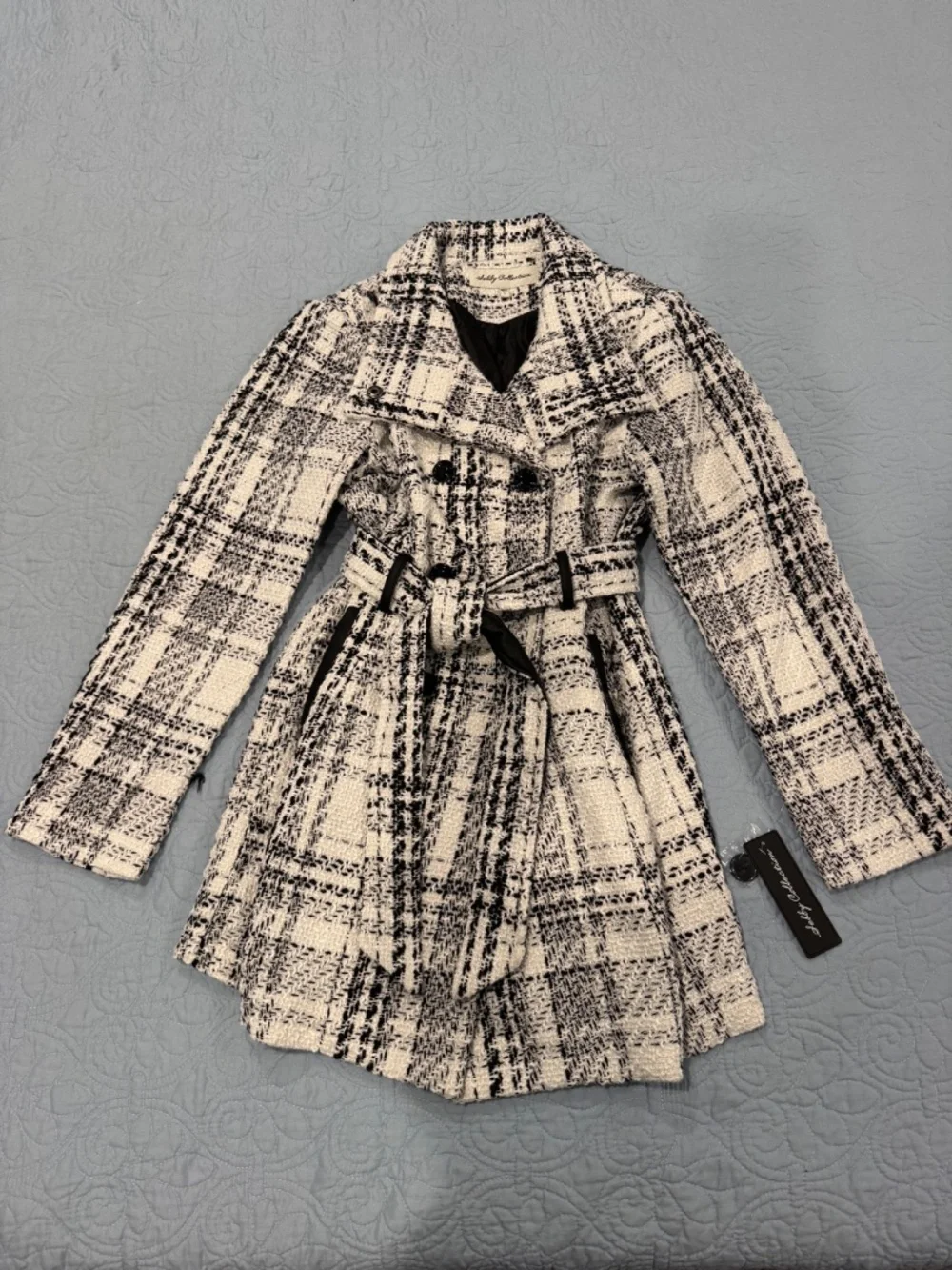 NWT SEBBY COLLECTION SOFT SHELL DOUBLE BREASTED PEA COAT BLACK/WHITE SIZE LARGE